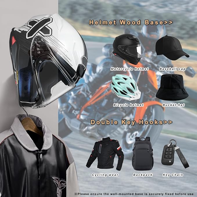 Motorcycle Helmet Holder Wall Mount - Heavy Duty Helmet Hanger Rack with 2 Key Hooks, Solid Wood & Strong Steel Design for Bike, Football, Skiing Sports Gear, Jackets & Hats (6)