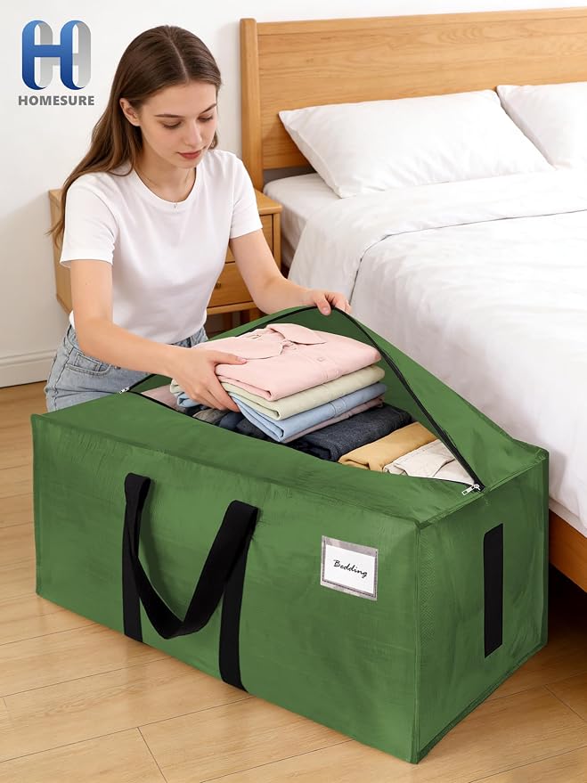 HOMESURE Supports 200lbs Heavy Duty Moving Bags - Strong Zipper & Wrap-Around Handles - Water-Resistant Storage Totes, Durable Alternative to Moving Boxes - 12 Pack - Olive Green