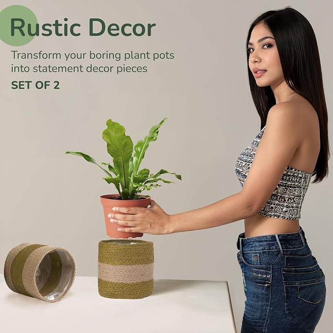 Jute Small Plant Pots Set of 2, 6.5 inches- Olive & Natural | Jute Planter Basket-Woven Rope Covers for Decorating Indoor/Outdoor Succulents Multi-Purpose Storage Bins Modern Style Decor