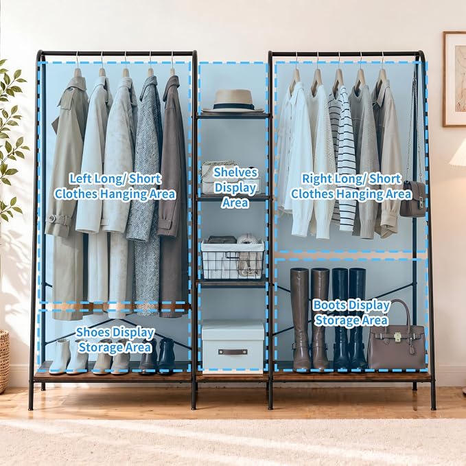 Finnhomy Clothes Rack for Hanging Clothes Freestanding Clothing Rack with 6 Wood Storage Shelves & 2 Rods Heavy Duty Garment Rack Portable Wardrobe Closet Organizer for Bedroom Closet Boutique,Rustic