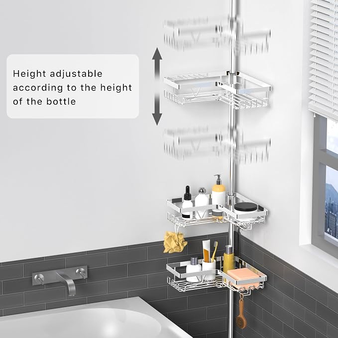 KEGII Corner Shower Caddy Tension Pole, Bathroom Storage Shelf, Chrome | Stainless Steel Design with Soap Holders and Hooks, Adjustable Height for Renters, Apartments and Family Bathrooms