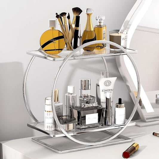 Makeup Perfume Organizer, Sliver 2-Tier Bathroom Counter Organizer | Bathroom Countertop Shelf Organizer, Makeup Organizer for Vanity, Perfume Stand for Dresser, Skincare Storage Make Up Holder