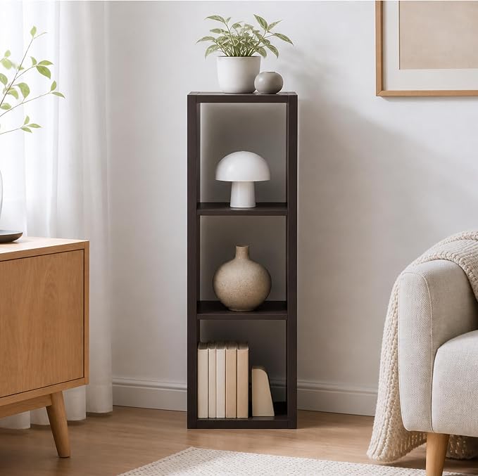 3-Cube Cubicle Bookshelf, Cube Bookcase with Open Back, Reversible Book Shelf, Cube Storage Organizer, 15 x 16 x 44, for Living Room, Home Office, Dark Oak
