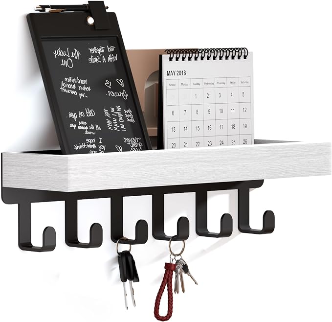 SWTYMIKI Key Holder Wall Mount - Wooden Key Hooks for Wall with Mail Organizer & 6 Hooks, 2 Installation Ways Key Hanger, Key Rack with Shelf for Entryway Living Room Bedroom Office Home Decor White