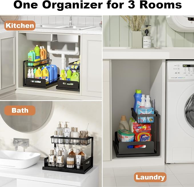 REALINN Under Sink Organizer, Pull Out Cabinet Organizer, 2 Tier Metal Slide Out Shelf with L Shaped Design for Kitchen, Bathroom, Laundry, and Utility Cabinet Storage for Deep Cabinets, Black, 1 Pack