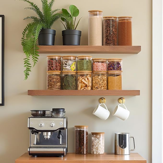 ComSaf Glass Storage Containers wtih Lids 1 Qt, Set of 6 Food Storage Jars | Round Glass Jars With Bamboo Lids, Kitchen Canisters 32oz, Pantry Organizers, Tea, Spice, Coffee, Dry Food Storage, BPA Free