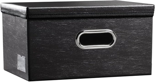 PRANDOM Collapsible Storage Box with Lid [1-Pack] Leather Fabric Foldable Storage Bin Organizer Container Basket Cube with Cover for Home Bedroom Closet Office Nursery Black (13.6x9.6x6.9)