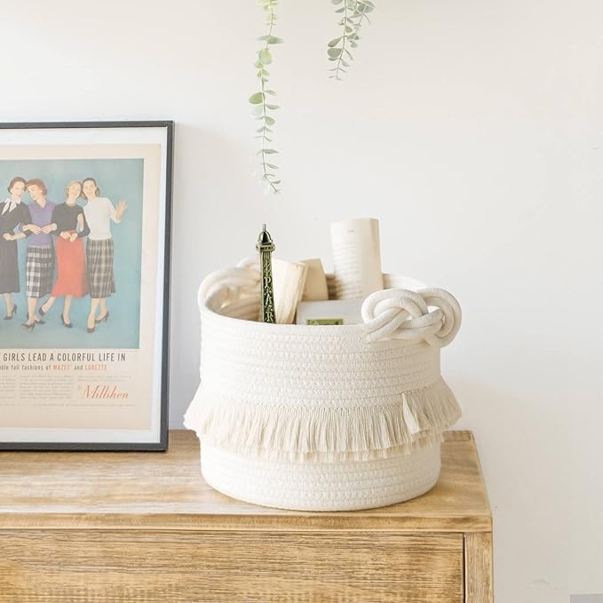 CherryNow Small Woven Rope Baby Basket with Tassel, 9.5" x 7", Off-White | Cute Storage Basket for Baby Shower, Toys & Daily Essentials, Fits Nursery Living Room Decor, with Knotted Handles