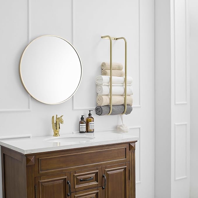 BWE Brushed Gold Towel Racks for Bathroom Wall Mounted for Rolled Towels | Bathroom Towel Rack Storage Stainless Steel Vertical Towel Holder Bathroom Organizer Space Saving for Bedrooms Hotels