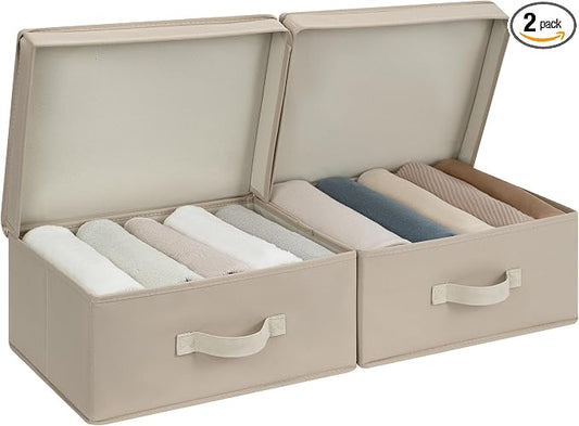 StorageWorks Storage Bins with Lid, Decorative Fabric Storage Bins with Handles, Stackable Closet Organizers for Shelves and Bedroom, Small, Light Brown, 2-Pack