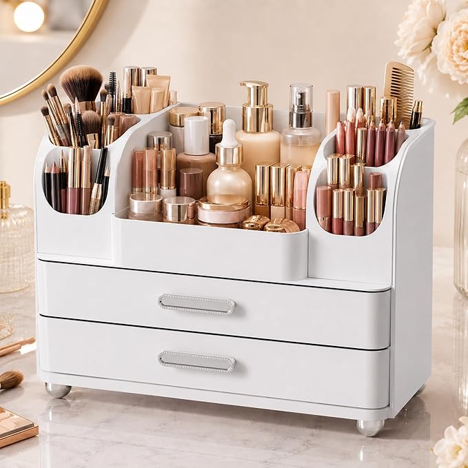 Large Makeup Organizer for Vanity - Perfume Cosmetic Display Cases | Skincare Organizers with 2 Drawers for Bathroom Dresser, Easy to Store Brush Eyeshadow Lipstick Beauty Supplies, All White
