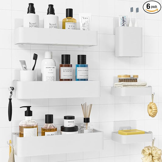Kitsure Large Shower Caddy - Adhesive 6-Pack Bathroom Shelves, White | No-Drilling Rustproof Shelves with Soap Holder, Toothbrush Holder, 6 Hooks, Stylish Bathroom Organizers and Storage Solution