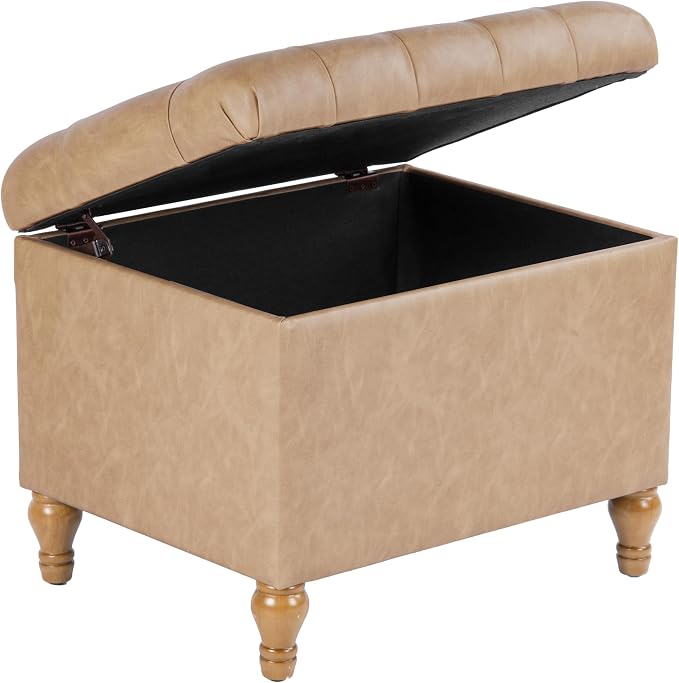 Spatial Order 24" Button Tufted Storage Ottoman - Sand Faux Leather