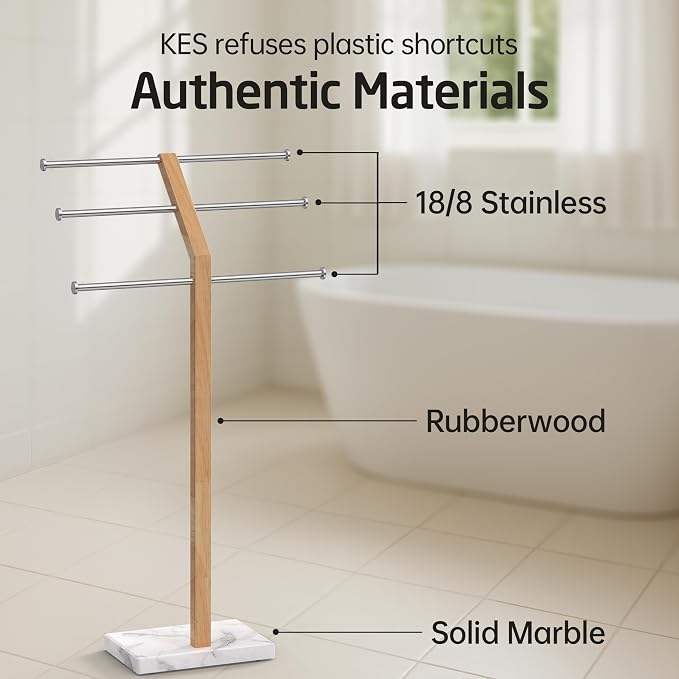 KES No Wobble Wooden Standing Towel Rack with Weighted Natural Marble Base | 3 Tier Width Adjustable Free Standing Towel Rack Stand for Bathroom, Pro-Grade 18/8 Stainless Steel, Brushed Finish
