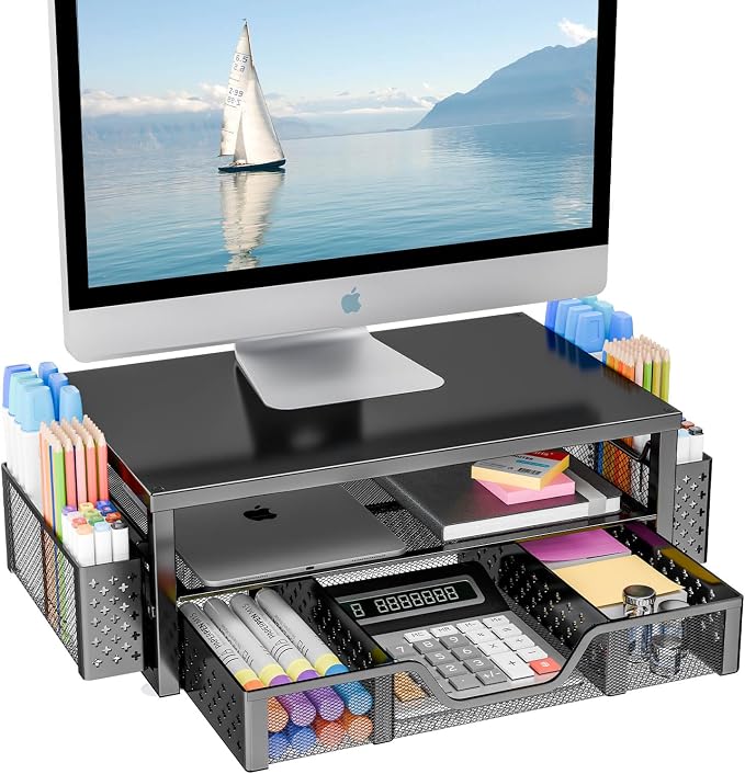Simple Trending 2-Tier Monitor Stand Riser, Desk Organizer, Drawer, Black | Laptop & Printer Stand, Desktop Organizer, Drawer & 2 Pen Holders, Sturdy Material, for Home Office, 16"W x 10"D x 5.8"H