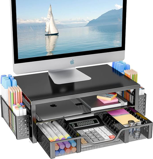 Simple Trending 2-Tier Monitor Stand Riser, Desk Organizer, Drawer, Black | Laptop & Printer Stand, Desktop Organizer, Drawer & 2 Pen Holders, Sturdy Material, for Home Office, 16"W x 10"D x 5.8"H