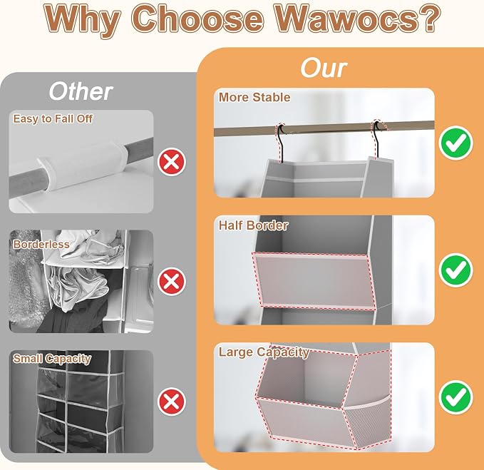 Wawocs 4 Shelf Hanging Closet Organizers and Storage for Kids 2 Packs, Grey | Hanging Shelves for Closet Organization, Hanging Closet Storage for Wardrobe Organizer, Closet Hanging Organizer for Bedroom