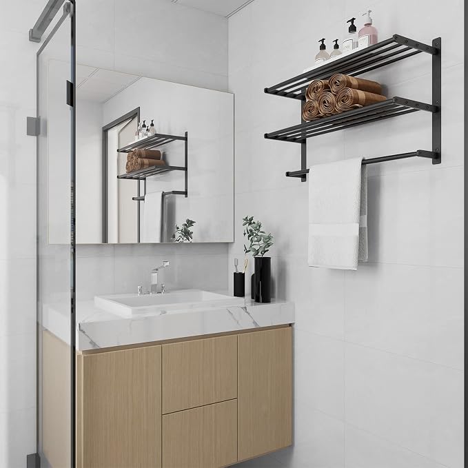 Bethom Bathroom Towel Rack with Bars, 24 Inch Towel Shelf, Brushed Nickel | 3-Tier Hotel Towel Racks for Bathroom Wall Mounted, Bath Towels Storage, Stainless Steel