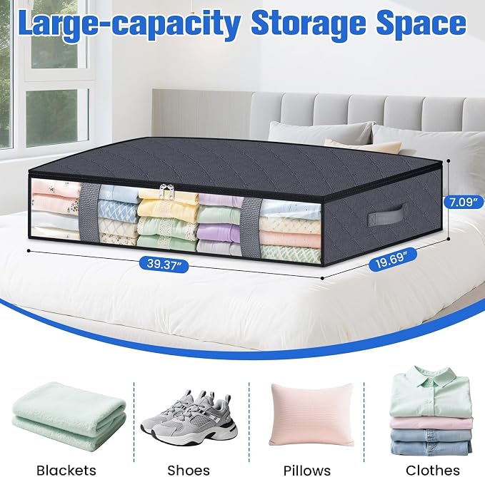 TasticTotes Under Bed Storage Containers, 6 Pack Blanket Storage Bags, Collapsible Storage Bags with Big Zippers, Clear Front, Shoe Storage and Organization for Clothes, Comforter, 90L, Grey