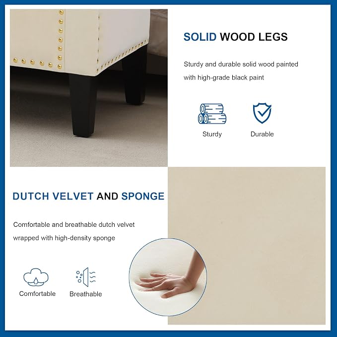 Storage Ottoman Bench, Velvet Upholstered Footstool, Beige | Frosted Flannel Seat with Storage, Wooden Legs & Metal Rivets, For Bedroom and Living Room