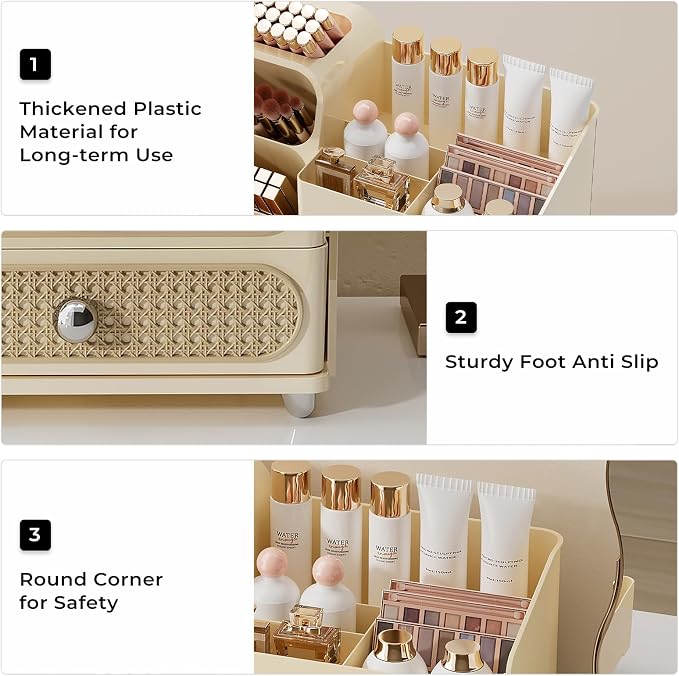 UFORU Makeup Organizer Countertop with Brush Holder for Vanity Bathroom | Large Capacity, Thickened Plastic, 2 Rattan Drawers, Compact Size, Detachable Brush Holder, Divided Compartments, Easy Access