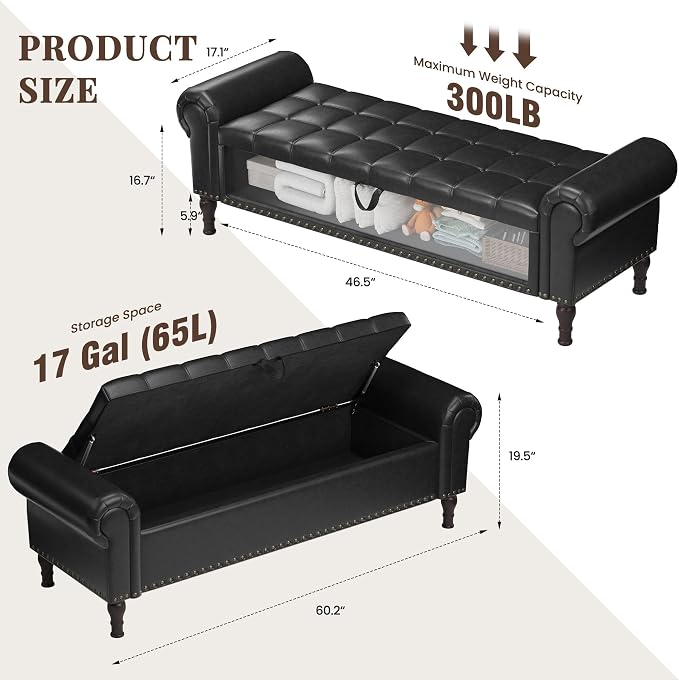 YOUDENOVA 60” Ottoman with Storage, Upholstered Storage Ottoman Bench with Rolled Arms, PU Leather Storage Bench for Bedroom, Living Room, Entryway, Black