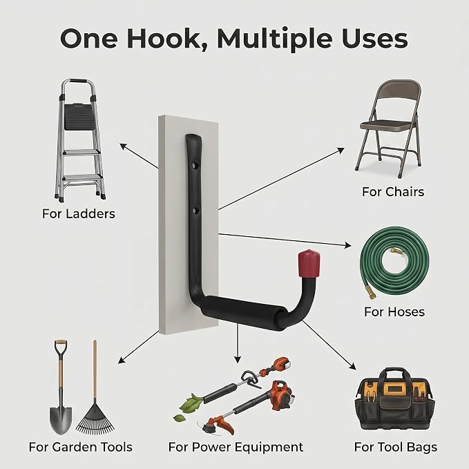 CBWLWJ 6 Pack Garage Hooks Heavy Duty, Multi Functional J Hooks, 9.48 inch Anti Slip Ladder Hooks for Bikes, Chairs, Garden Tools and More.