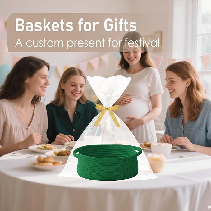 JMvicyroam Small Woven Basket, Empty Gift Basket, Green/3 Pack | Small Gift Basket, Cotton Rope, 12 x 8 x 20 in, Handles, Includes Ribbon and Bag, Birthday Gift Basket