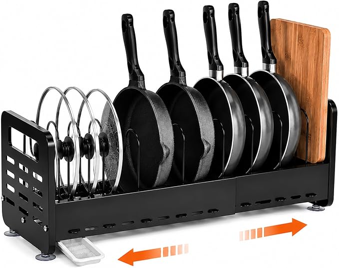Pots and Pans Organizer Under Cabinet, Expandable Pot Lid Organizer | Adjustable Heavy Duty Rack with Removable Drip Tray, Expands 15.4"–24.8", Ideal for Kitchen Cabinets and Countertops.