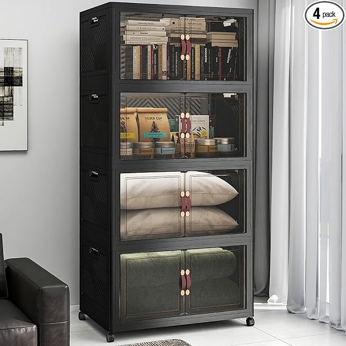 UAMFURI Stackable Storage Bins with Lids, 720QT Lockable Storage Cabinet | Foldable Storage Box with Doors and Wheels, Plastic Drawers for Home, Garage, Office (4, Black, Extra Large)