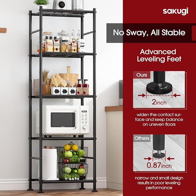 Sakugi Storage Shelves - 5 Tier Shelf Organizer, Heavy Duty Garage Shelving Unit with Leveling Feet, Stable Metal Shelves Organizer for Pantry, Kitchen and Closet, 18.4" W x 12.6" D x 57.4" H, Black