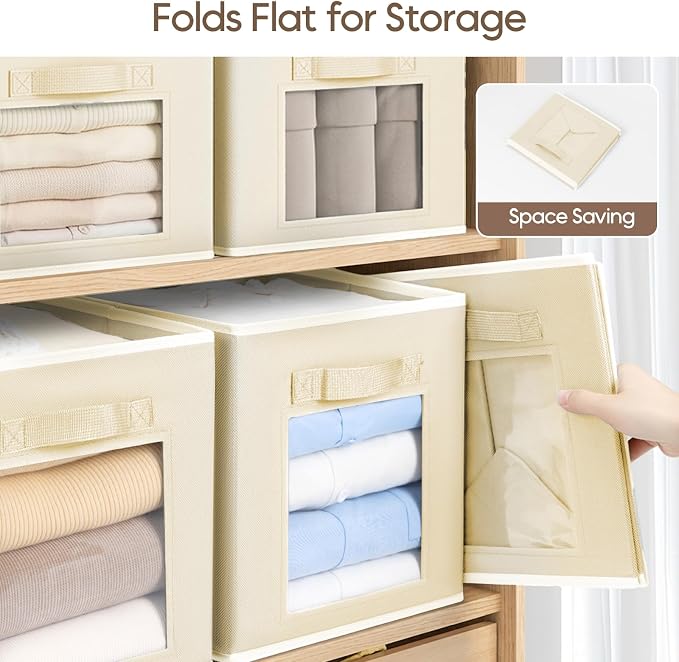 Foldable Storage Cubes - Cubby Storage Organizer with Window, Decorative Baskets for Organizing, Fabric Bins for Clothes Storage, Closet Storage Cubes-11inch, Set of 8, Beige