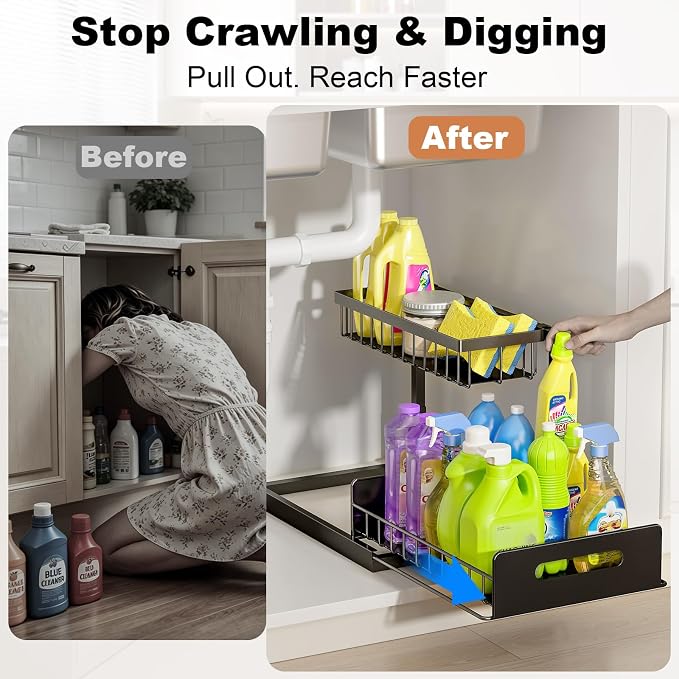 REALINN Under Sink Organizer, Pull Out Cabinet Organizer, 2 Tier Metal Slide Out Shelf with L Shaped Design for Kitchen, Bathroom, Laundry, and Utility Cabinet Storage for Deep Cabinets, Black, 1 Pack