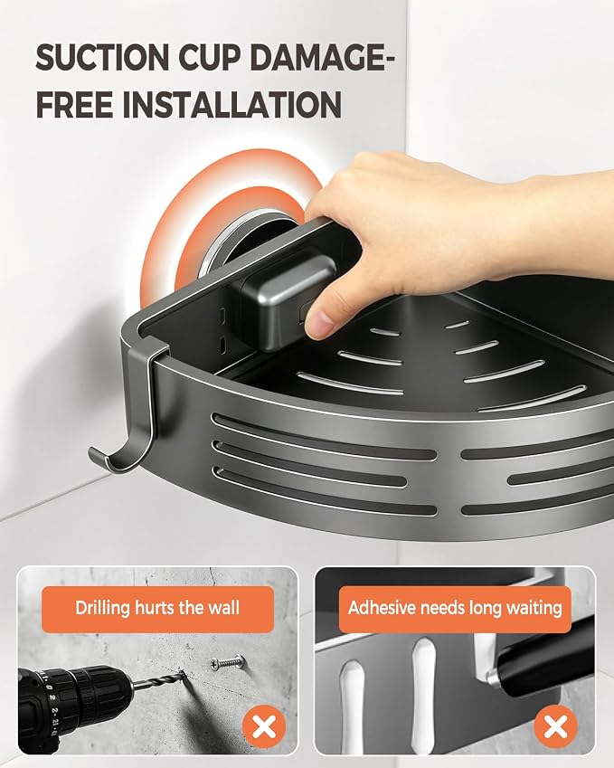 Conworld Corner Shower Caddy Suction Cups, No-Drilling Corner Shower Shelf | 1. No Drilling, No Wall Damage 2. Aluminum, Rustproof 3.Suitable for Ceramic Tiles and Glass Walls