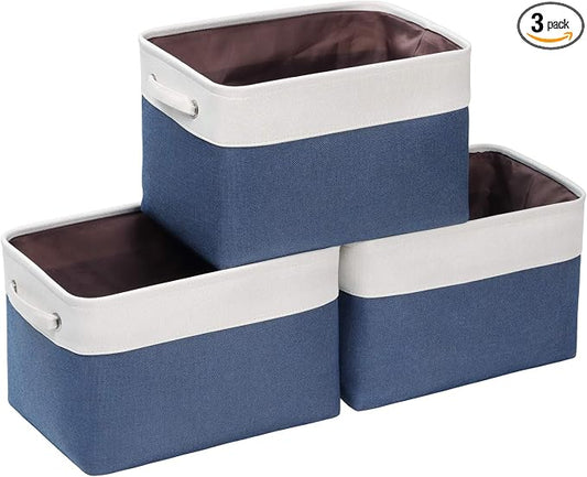 Foldable Storage Bin Collapsible Fabric Storage Basket Cube with Durable Handles Closet Organizer Bins for Organizing Shelves Drawers, Set of 3, 15" x 10" x 9.5", Blue