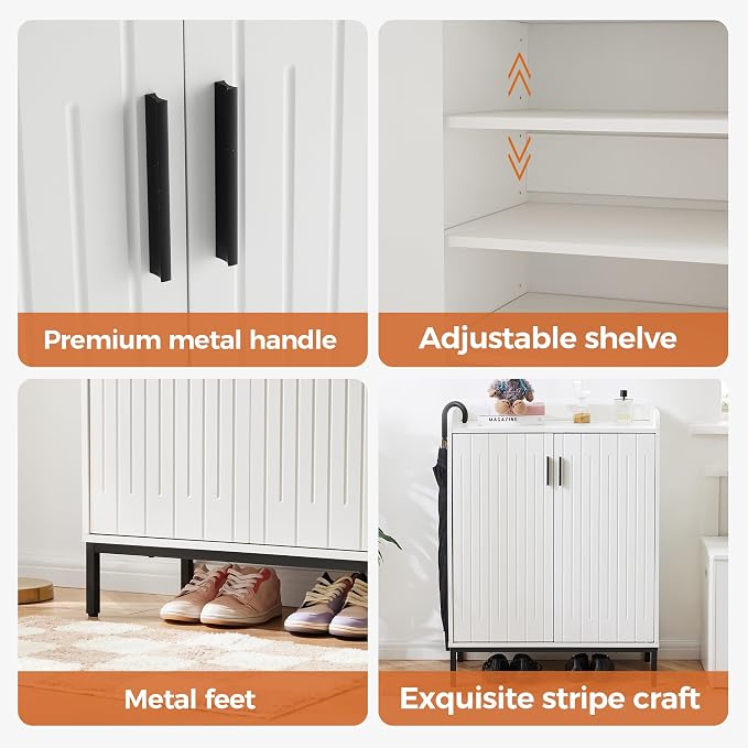 Modern Shoe Cabinet with Metal Legs, Farmhouse Large 5-Tier Shoe Storage Cabinet with Doors, Wooden Shoe Organizer for Entryway, Hallway, Closet, Bedroom, Living Room, White