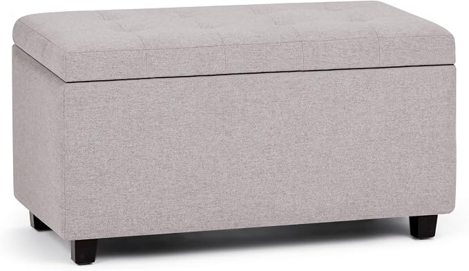 SIMPLIHOME Cosmopolitan 34" Wide Vegan Leather Storage Ottoman in Cream | Cloud grey, transitional storage ottoman with tufting and lift-up lid; rectangle storage bench for living room or entryway.
