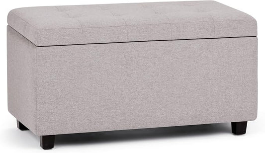 SIMPLIHOME Cosmopolitan 34" Wide Vegan Leather Storage Ottoman in Cream | Cloud grey, transitional storage ottoman with tufting and lift-up lid; rectangle storage bench for living room or entryway.