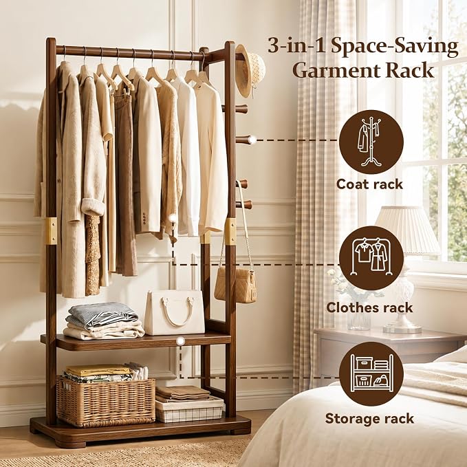 Taitiy Coat Rack Solid Wood Hall Tree Storage 2 Shelves 5 Hooks | Entryway hallway bedroom, durable solid wood construction, freestanding storage design, coats hats bags wallets