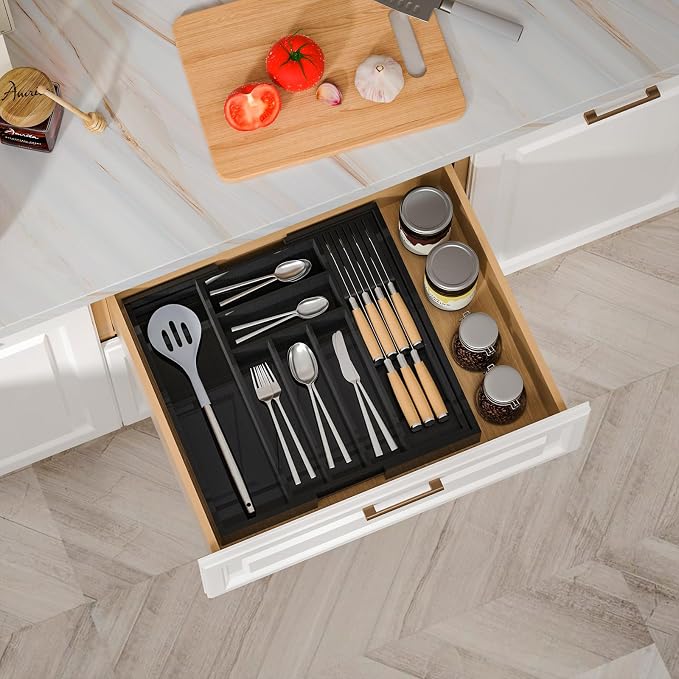 Expandable Bamboo Silverware Drawer Organizer Kitchen Tray, Black | Removable Knife Block, Holds 7 Knives, Adjustable Dividers, 12.6-21.45 x 16.3 x 2.13 in, Drawer Insert for Utensils, Forks