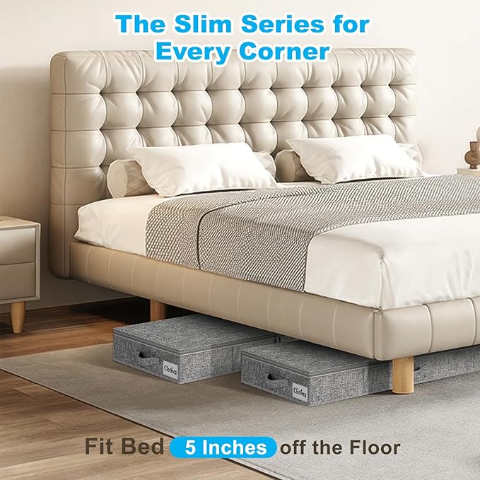 Under Bed Storage Container Bins 4 Pack, 5 Inch Thin Low Profile Underbed Clothes Storage Organizer for Dorm & Home, Use for Blanket and Toy Storage Box W/ Sturdy Bottom/Sides, Foldable Thick Fabric