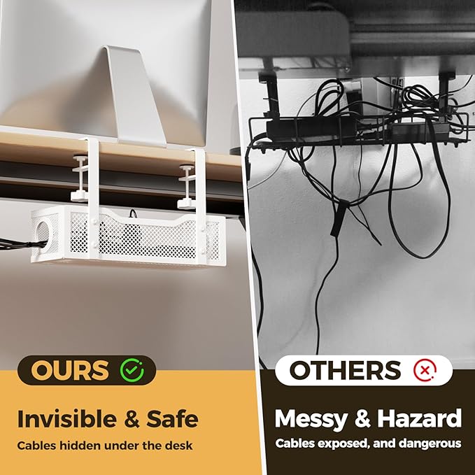 2 Pack Under Desk Cable Management Box White, Cinati 26.8" Wire Organizers No Drill, Cord Organization Tray with Clamp for Office, Home - No Damage to Desk