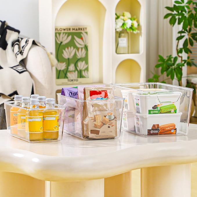 Freebat 12 Pack Pantry Organization and Storage,Clear Plastic Storage Bins | 4Small 4Middle 4Large,Cabinet Organizer, Clear Plastic Storage Containers with Handle,Acrylic Storage Bins for Cabinet,Fridge