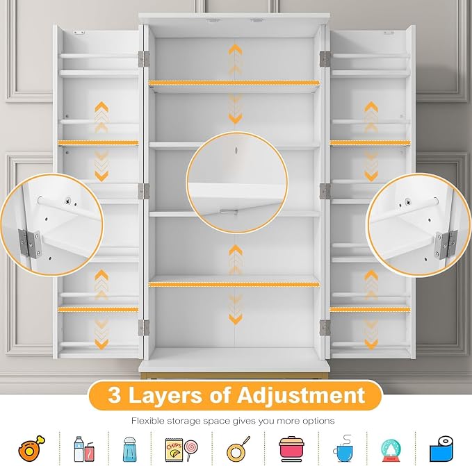 kepptory 51” Kitchen Pantry Storage Cabinet with Diamond Design, White Freestanding Pantry Cabinets with Golden Base and Handles, Buffet Cupboards Cabinet with 6 Adjustable and Large Storage Space