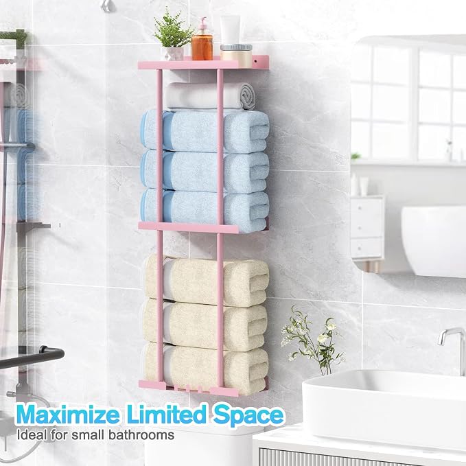 Towel Rack for Bathroom, Wall Mounted Vertical Rolled Towel Storage Organizer Holder with Shelf, Holds Up 6 Large Bath Sheets, Pink Large Size