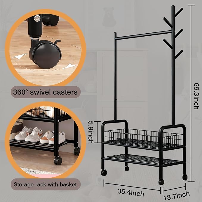 MYUPDALIN Clothes Rack with Shelves, Clothing Rack with Wheels, Multifunctional Hangers with Storage Baskets and Shoe Racks, Ideal for Bedrooms and Living Rooms (Black, Bold 90cm/35in)