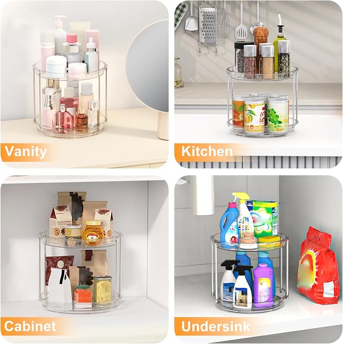 360 Rotating Makeup Organizer, 2 Tier Skincare & Perfume Holder for Bathroom Counter, Clear Spinning Vanity Tray, Lazy Susan Turntable Organizer for Dresser, Kitchen Cabinet