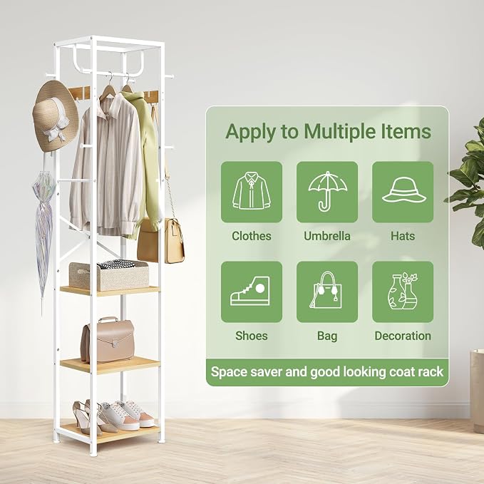 ELYKEN Coat Rack Freestanding, Hall Tree with 3 Shelves and 12 Hooks | Industrial Metal Frame, Space-Saving Design, Clothes Rack Stand Organizer for Bedroom, Hallway, Entryway, Office, Living Room