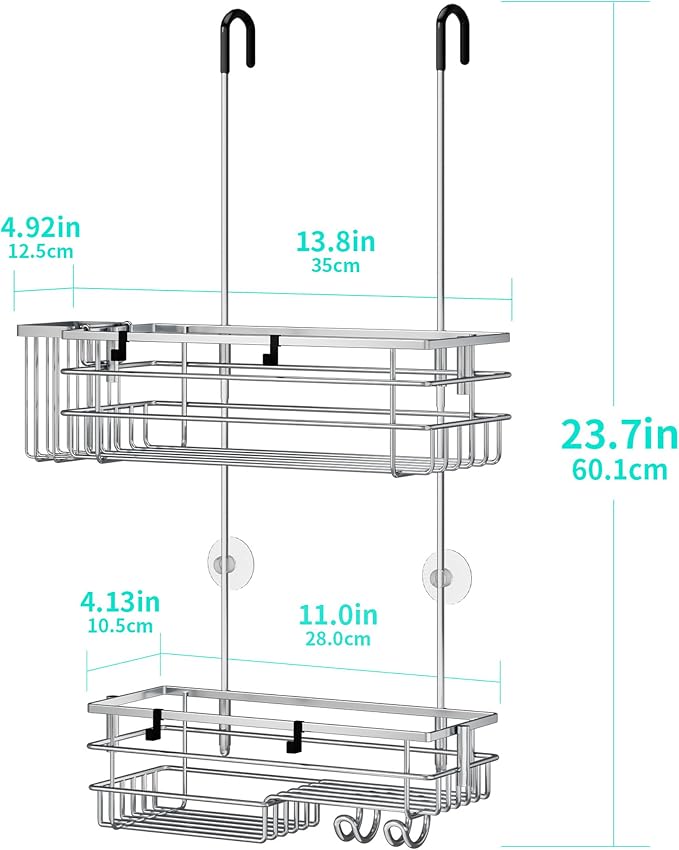 HapiRm Hanging Shower Caddy Organizer - No Drilling Shower Shelves with Hooks and Toothbrush Holder, Rustproof 304 Stainless Steel Bathroom Organizer - Silver