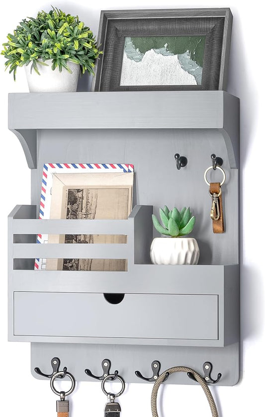 Rebee Vision Key Holder Wall Mount with Drawer &Shelf for Entryway, Gray | Key Holder for Wall, 6 Key Hooks, Floating Shelf, Drawer Organizer, Mail Organizer, Trendy Home Decor, Room Decor Aesthetic